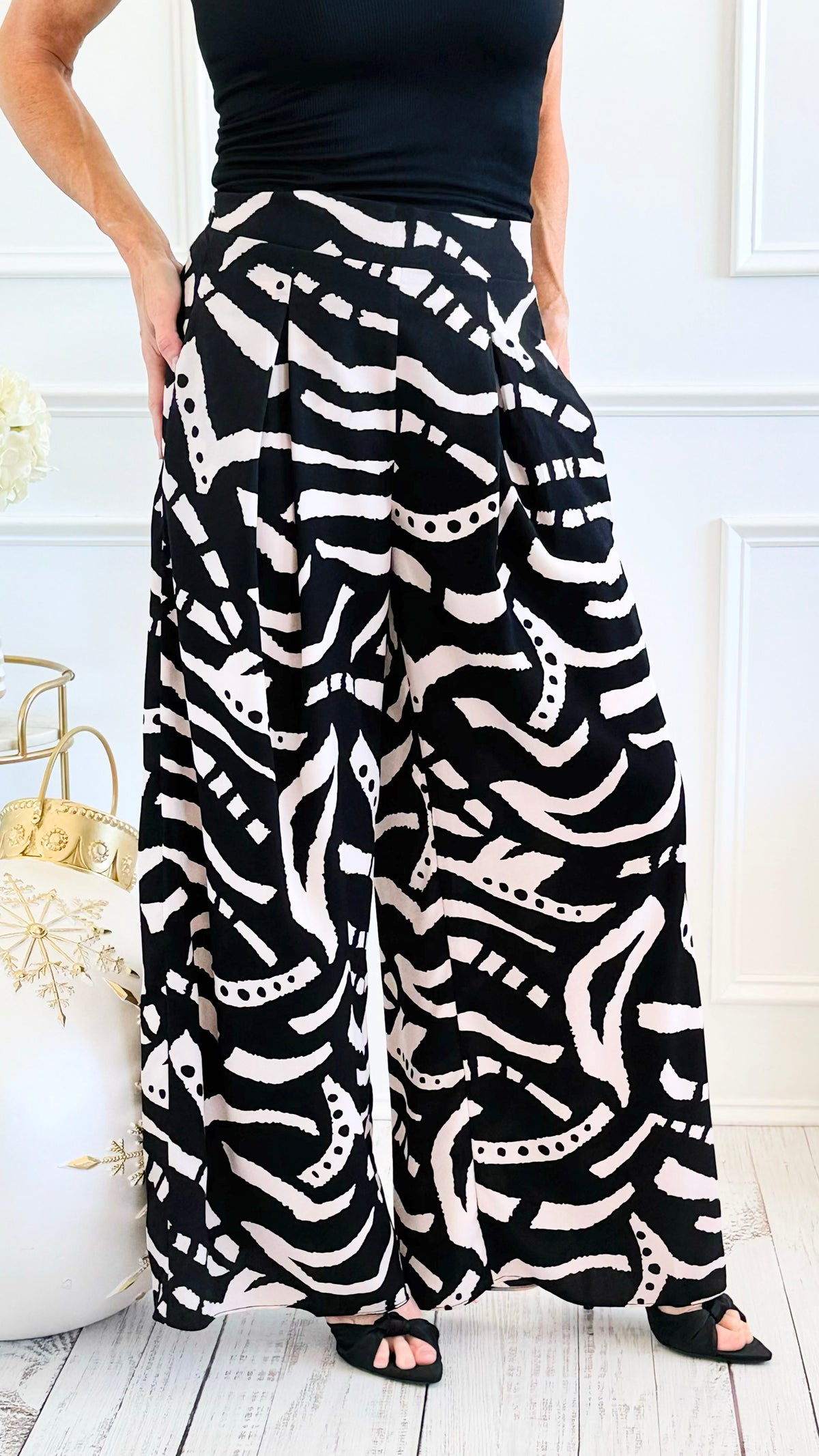 Midnight Muse Palazzo Pant - Black Cream Urb-100 Pants-spin usa-Coastal Bloom Boutique, find the trendiest versions of the popular styles and looks Located in Indialantic, FL