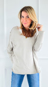 Vintage Terry Italian V-Neck Sweatshirt- Taupe-130 Long Sleeve Tops-Italianissimo-Coastal Bloom Boutique, find the trendiest versions of the popular styles and looks Located in Indialantic, FL