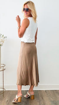 Brooklyn Italian Satin Midi Skirt - Mocha-170 Bottoms-Italianissimo-Coastal Bloom Boutique, find the trendiest versions of the popular styles and looks Located in Indialantic, FL