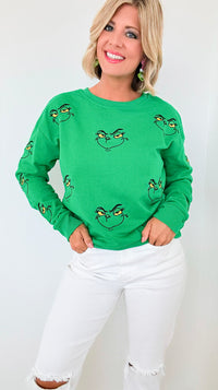 Grinch Embellished Sweatshirt-130 Long Sleeve Tops-Why Dress-Coastal Bloom Boutique, find the trendiest versions of the popular styles and looks Located in Indialantic, FL