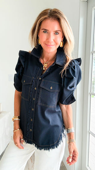 Linen Ruffle Button-Up Shirt - Dark Navy