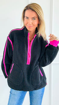 Glow Getter Sherpa Zip Sweatshirt - Black/Neon Pink-130 Long Sleeve Tops-BIBI-Coastal Bloom Boutique, find the trendiest versions of the popular styles and looks Located in Indialantic, FL