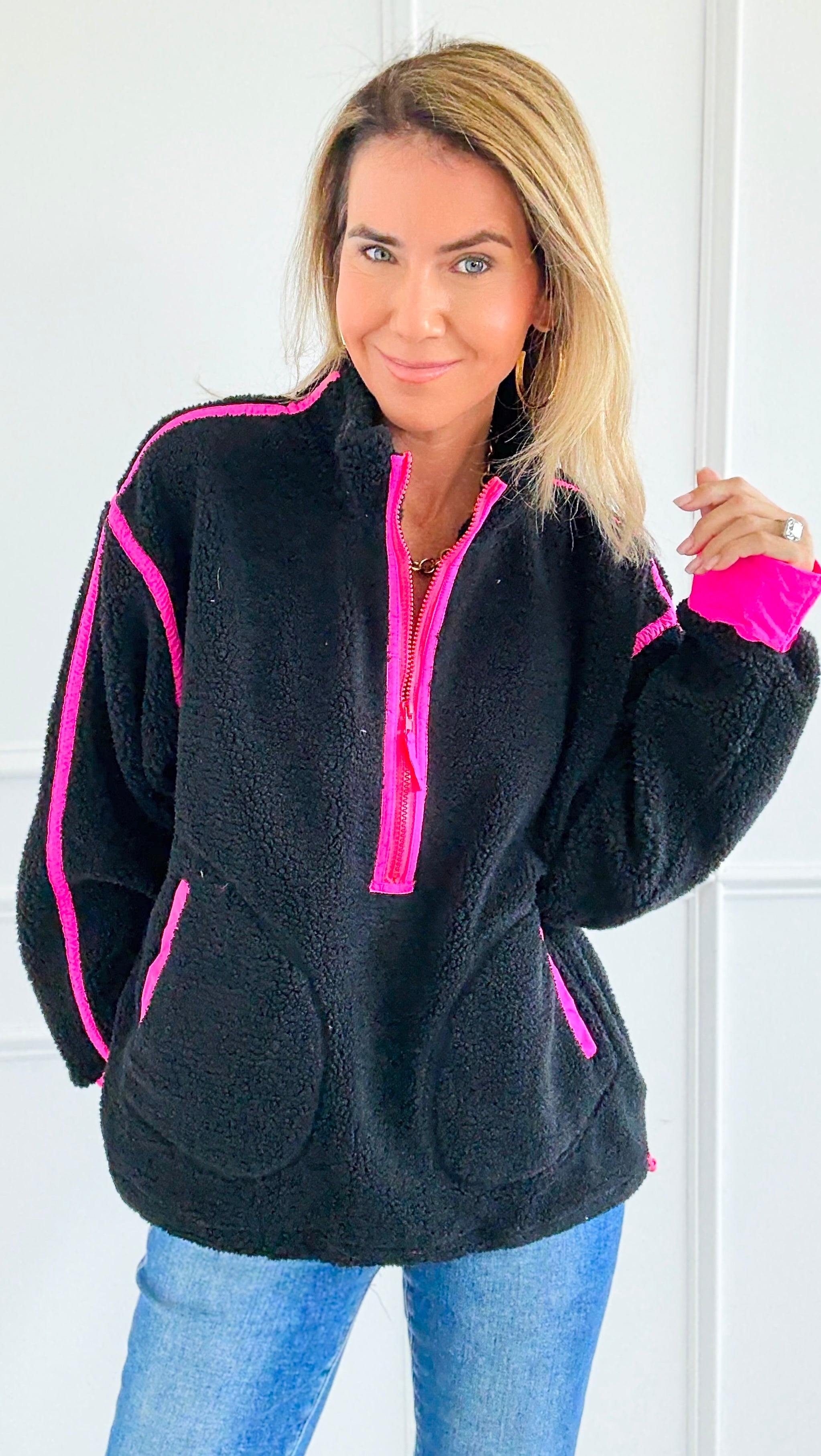 Glow Getter Sherpa Zip Sweatshirt - Black/Neon Pink-130 Long Sleeve Tops-BIBI-Coastal Bloom Boutique, find the trendiest versions of the popular styles and looks Located in Indialantic, FL