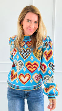 Kaleidohearts Puff Sleeve Sweater-140 Sweaters-&MERCI-Coastal Bloom Boutique, find the trendiest versions of the popular styles and looks Located in Indialantic, FL