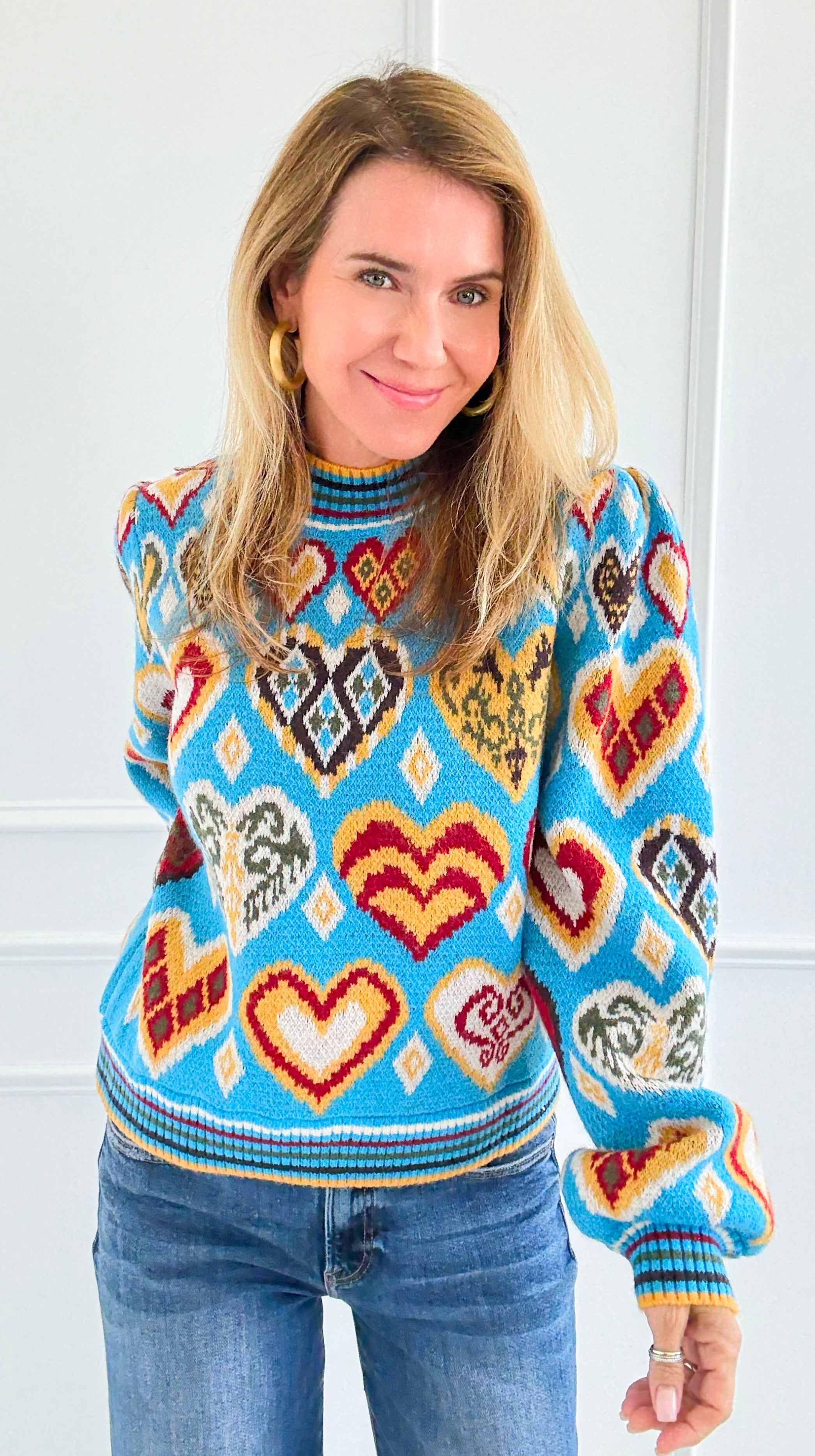 Kaleidohearts Puff Sleeve Sweater-140 Sweaters-&MERCI-Coastal Bloom Boutique, find the trendiest versions of the popular styles and looks Located in Indialantic, FL