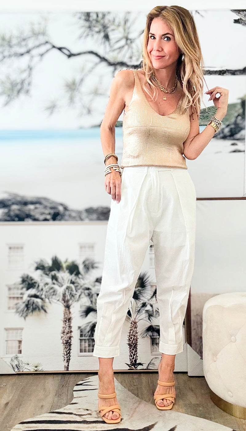 High Waist Pleated Tapered Pants - Off White-pants-Nylon Apparel-Coastal Bloom Boutique, find the trendiest versions of the popular styles and looks Located in Indialantic, FL