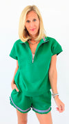 Ruffle Collar Zip Front Knit Top & Shorts Set - Green-110 short Sleeve Top-Umgee-Coastal Bloom Boutique, find the trendiest versions of the popular styles and looks Located in Indialantic, FL