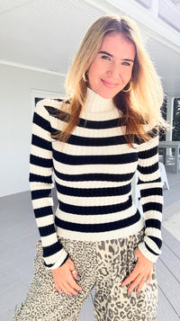 Long Sleeve Ribbed Stripe Sweater - Ivory/Black-140 Sweaters-Active Basic-Coastal Bloom Boutique, find the trendiest versions of the popular styles and looks Located in Indialantic, FL