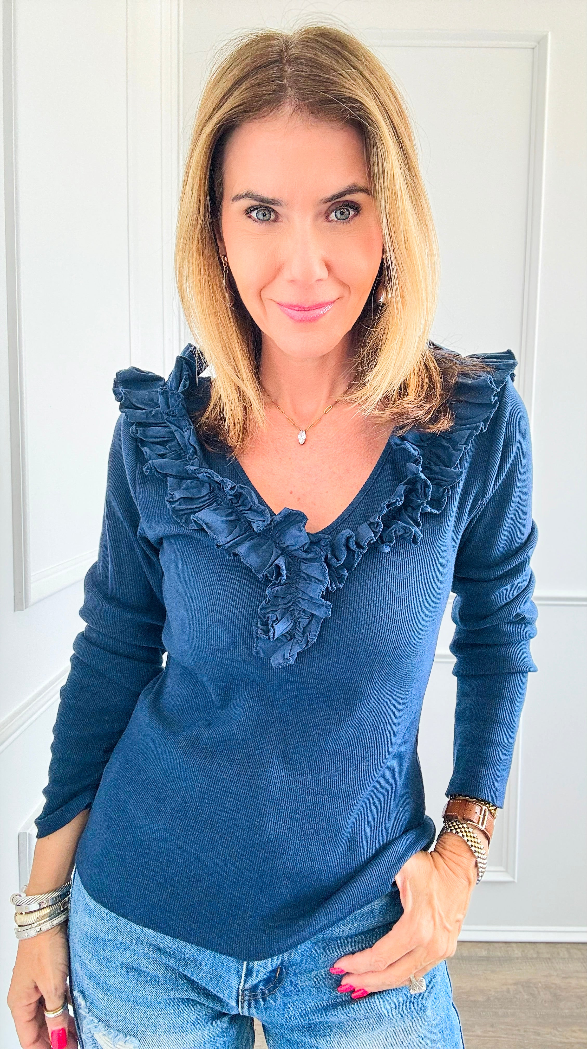 Whimsical Ruffle Italian Pullover- Navy-100 Sleeveless Tops-Italianissimo-Coastal Bloom Boutique, find the trendiest versions of the popular styles and looks Located in Indialantic, FL