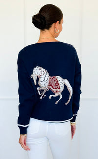 Equestrian Parade Italian Sweater- Navy-140 Sweaters-K2-Coastal Bloom Boutique, find the trendiest versions of the popular styles and looks Located in Indialantic, FL