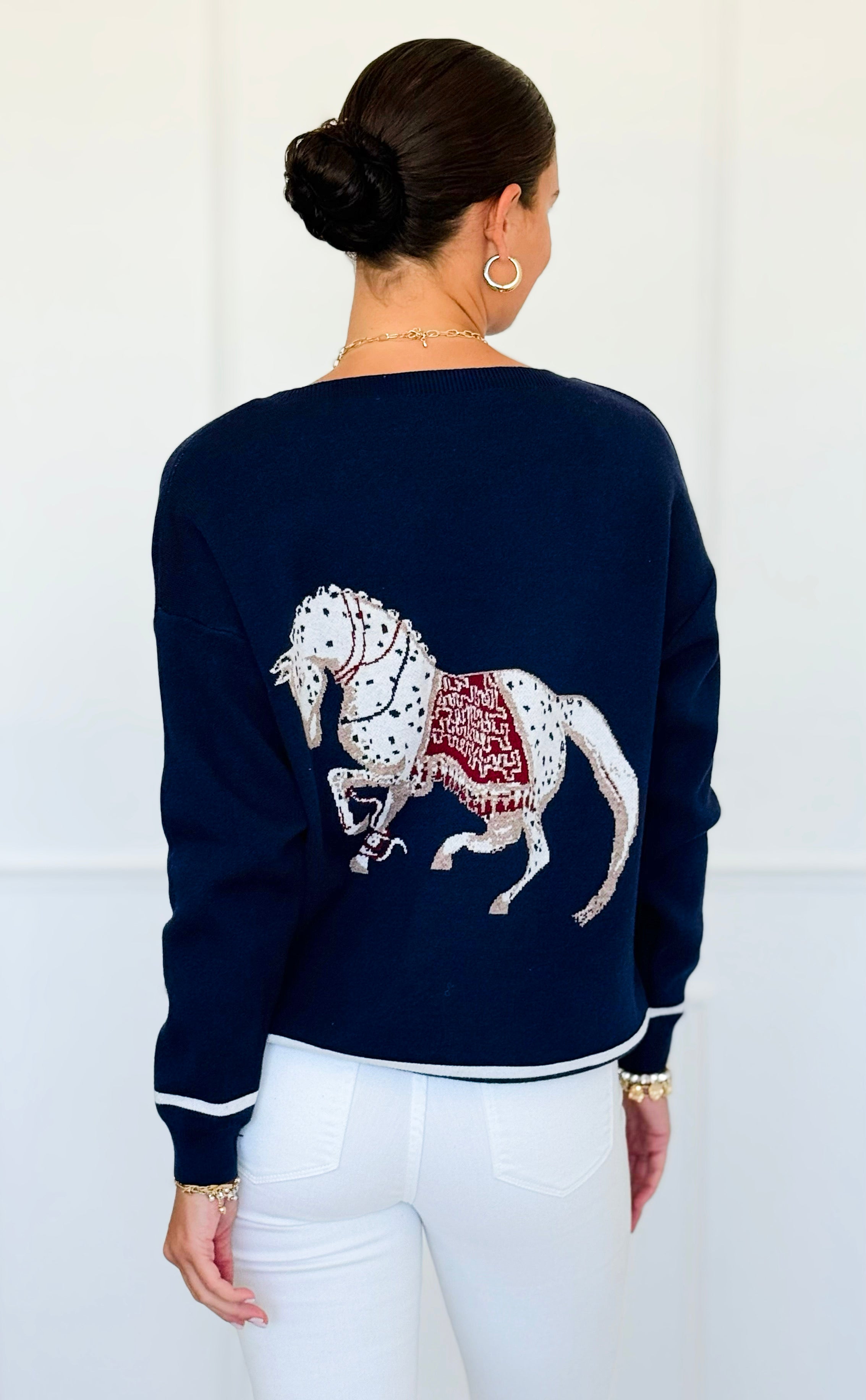 Equestrian Parade Italian Sweater- Navy-140 Sweaters-K2-Coastal Bloom Boutique, find the trendiest versions of the popular styles and looks Located in Indialantic, FL