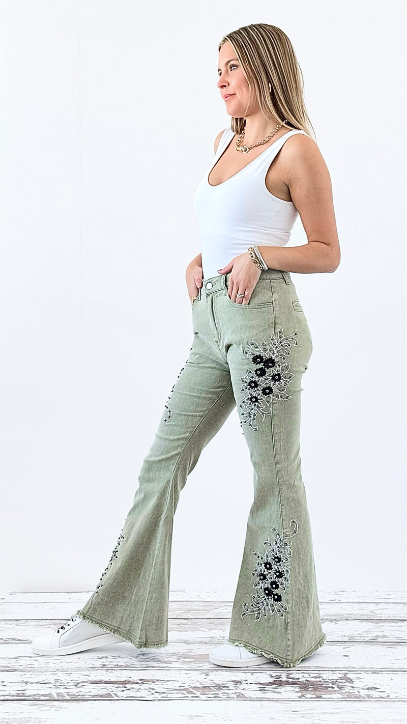 Wildflower Flare Jeans - Herb Powder-190 Denim-POL-Coastal Bloom Boutique, find the trendiest versions of the popular styles and looks Located in Indialantic, FL