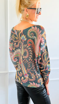 Garden Of Paisley Italian St Tropez Sweater- Dark Teal-140 Sweaters-SORPRESA-Coastal Bloom Boutique, find the trendiest versions of the popular styles and looks Located in Indialantic, FL