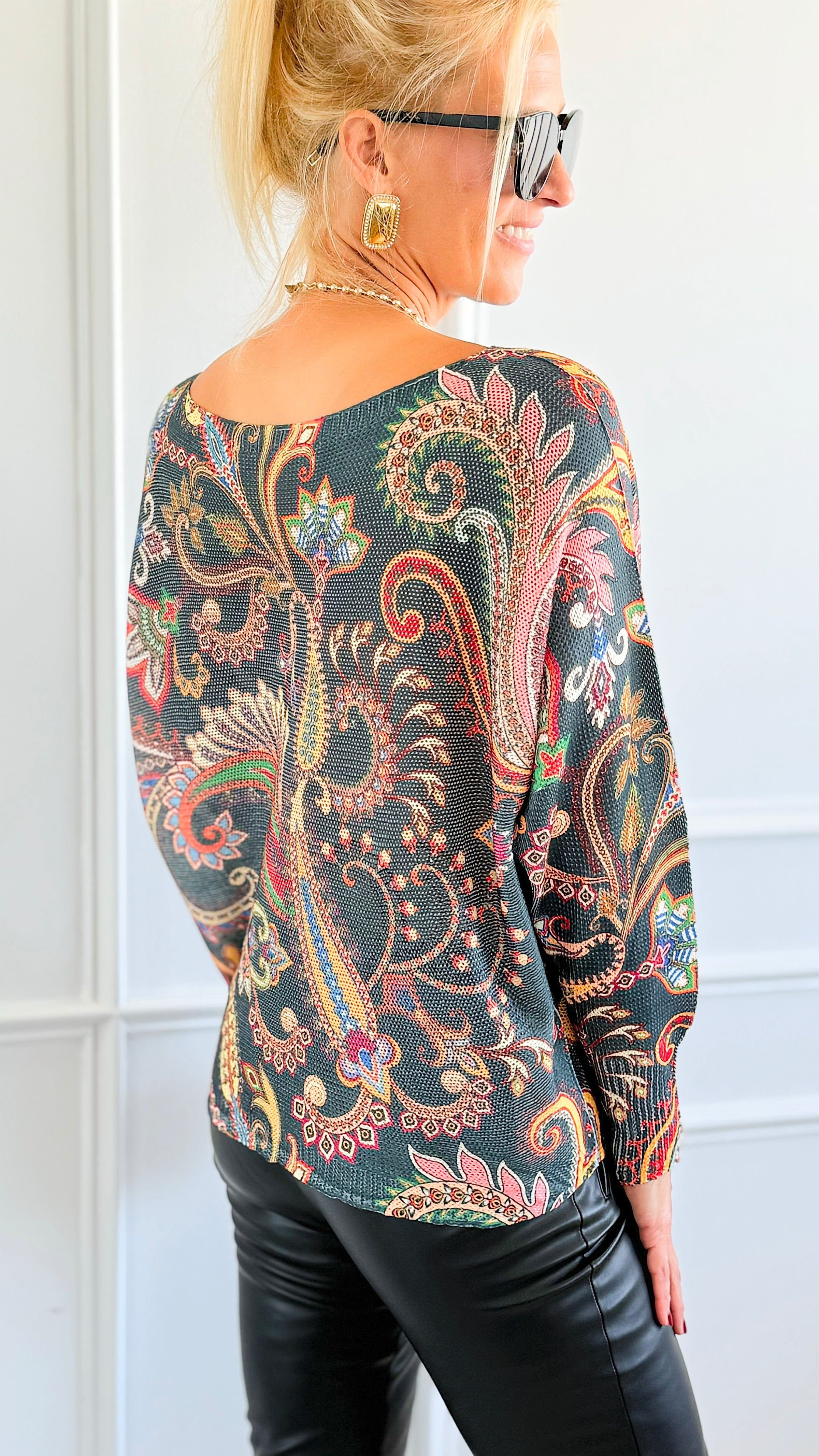 Garden Of Paisley Italian St Tropez Sweater- Dark Teal-140 Sweaters-SORPRESA-Coastal Bloom Boutique, find the trendiest versions of the popular styles and looks Located in Indialantic, FL