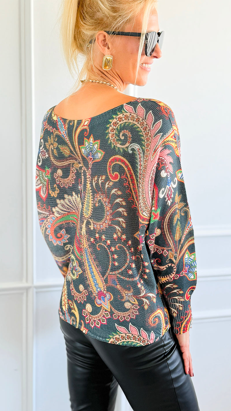 Garden Of Paisley Italian St Tropez Sweater- Dark Teal-140 Sweaters-SORPRESA-Coastal Bloom Boutique, find the trendiest versions of the popular styles and looks Located in Indialantic, FL