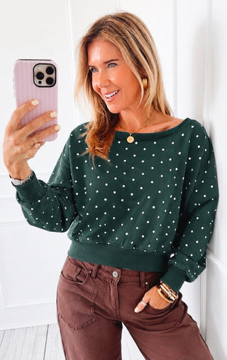 Polka Dot Off-Shoulder Top - Hunter Green