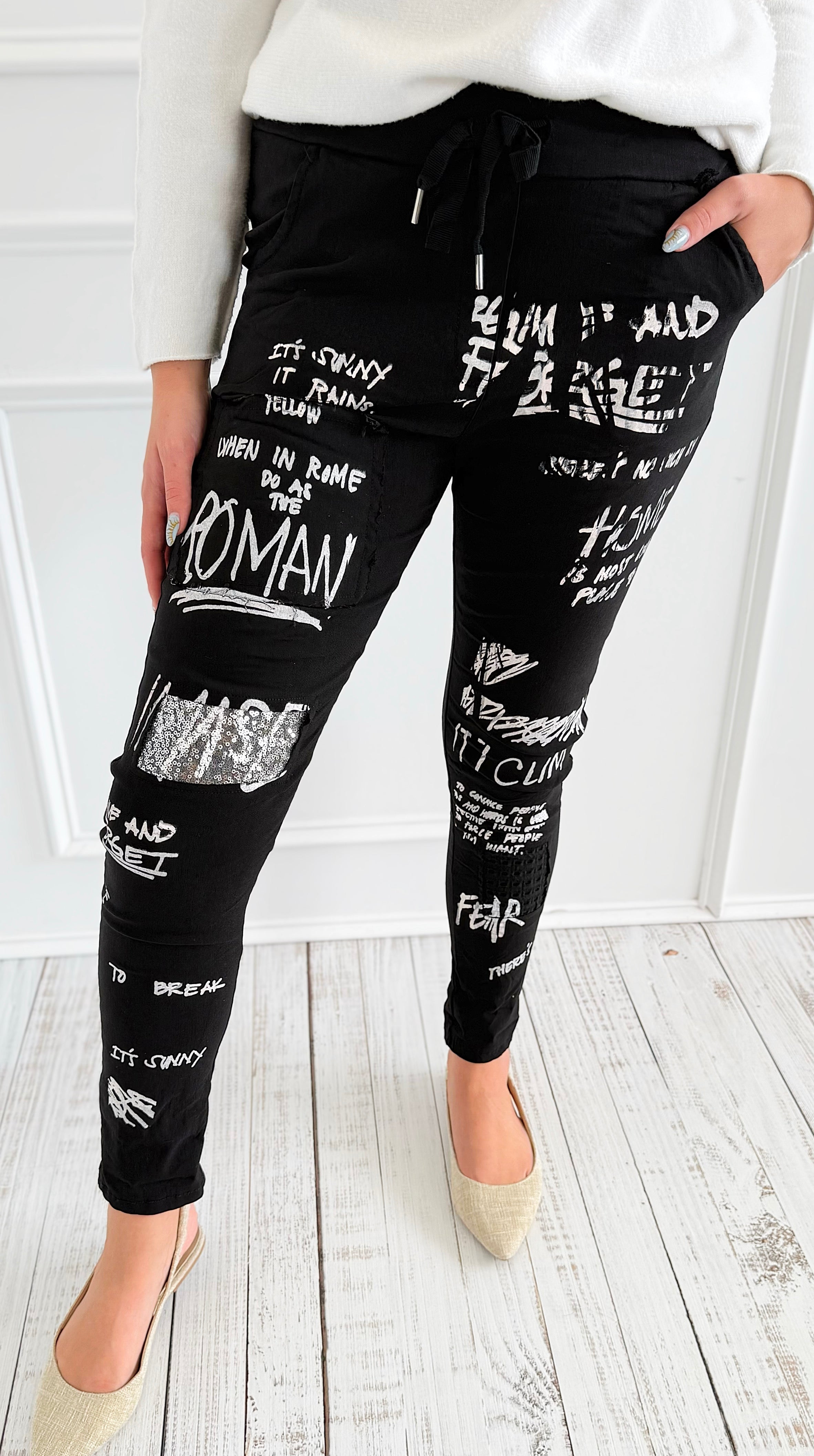 Urban Edge Graphic Italian Jogger- Black-180 Joggers-SUNNY HOLIDAYS-Coastal Bloom Boutique, find the trendiest versions of the popular styles and looks Located in Indialantic, FL
