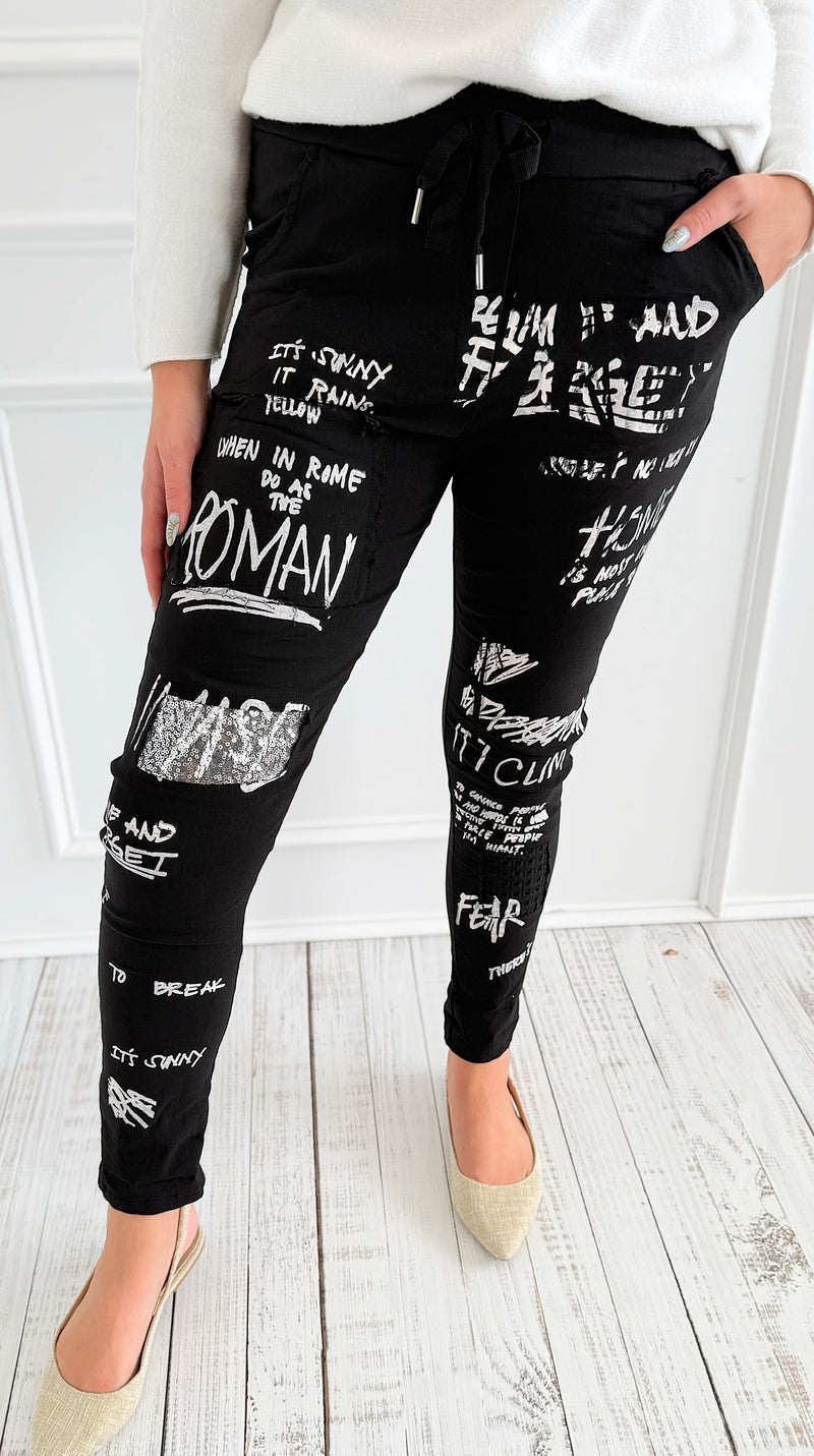 Urban Edge Graphic Italian Jogger- Black-180 Joggers-SUNNY HOLIDAYS-Coastal Bloom Boutique, find the trendiest versions of the popular styles and looks Located in Indialantic, FL