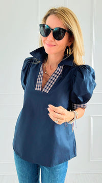 Checked Charm Puff Sleeve Top-110 Short Sleeve Tops-entro-Coastal Bloom Boutique, find the trendiest versions of the popular styles and looks Located in Indialantic, FL