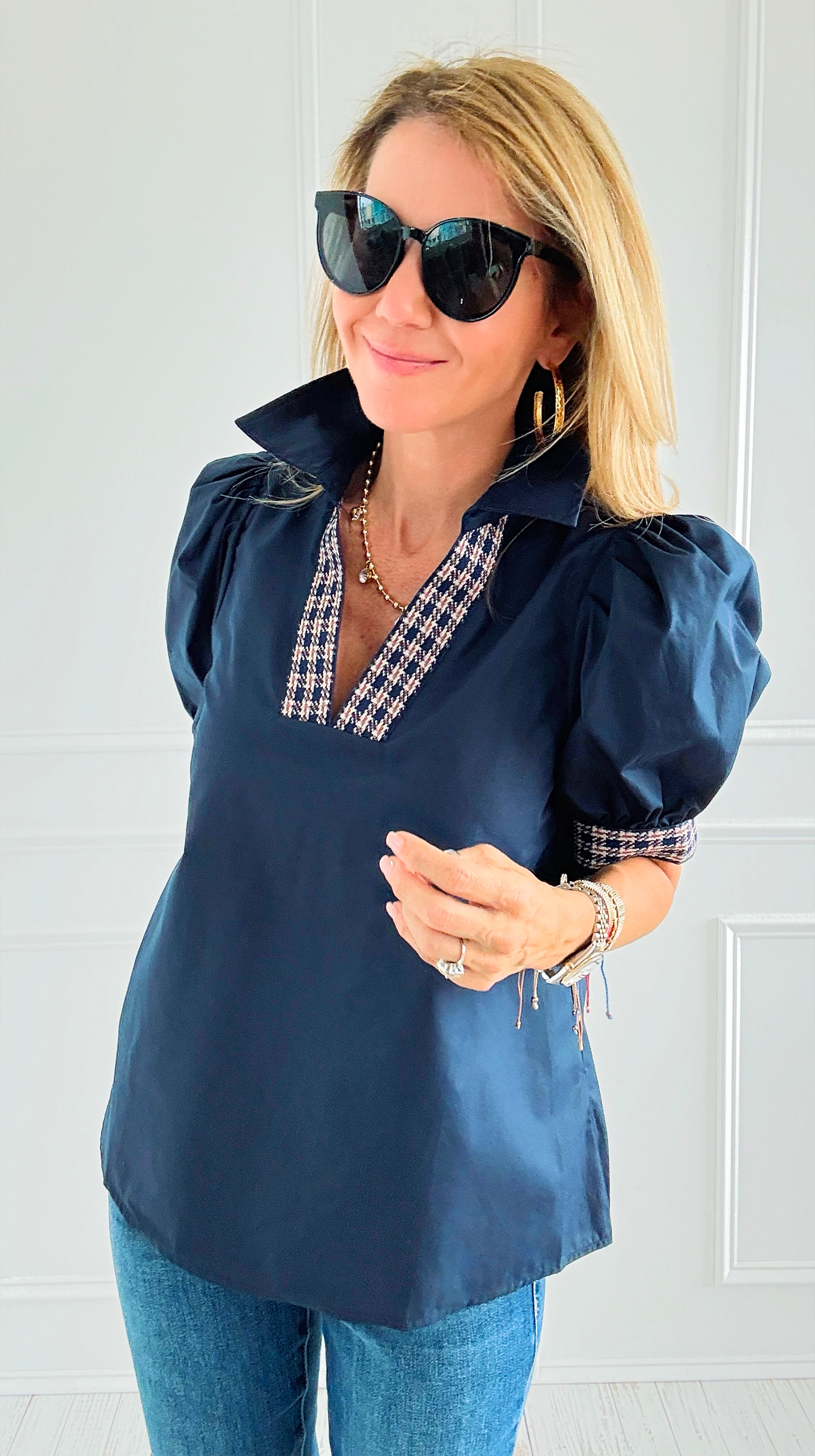 Checked Charm Puff Sleeve Top-110 Short Sleeve Tops-entro-Coastal Bloom Boutique, find the trendiest versions of the popular styles and looks Located in Indialantic, FL