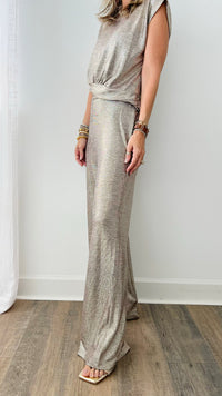 On The Town Foil Pants - Champagne-170 Bottoms-skies are blue-Coastal Bloom Boutique, find the trendiest versions of the popular styles and looks Located in Indialantic, FL