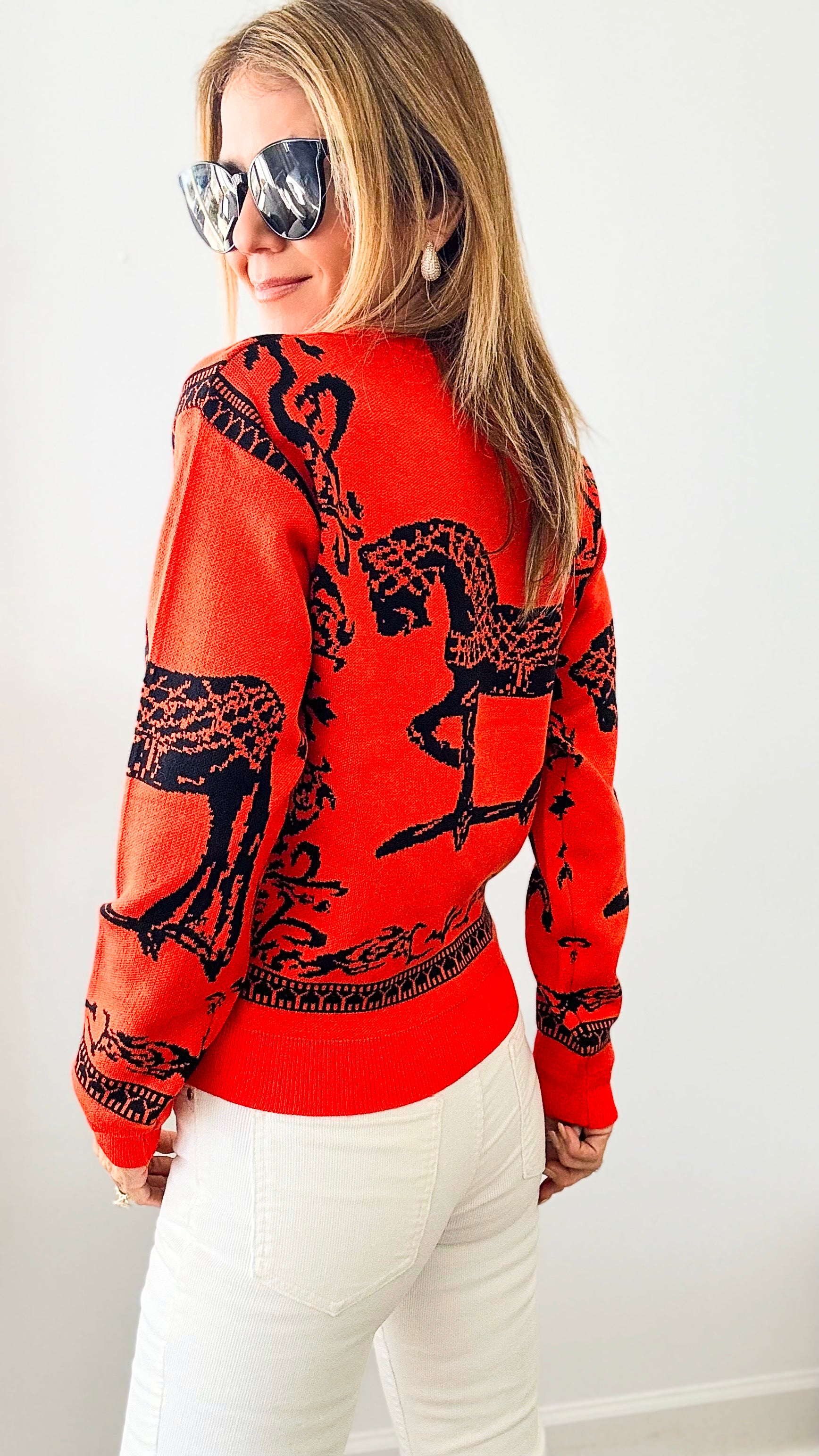 Rich in Orange Equestrian Iridescent Horsebit Sweater-140 Sweaters-Chasing Bandits-Coastal Bloom Boutique, find the trendiest versions of the popular styles and looks Located in Indialantic, FL