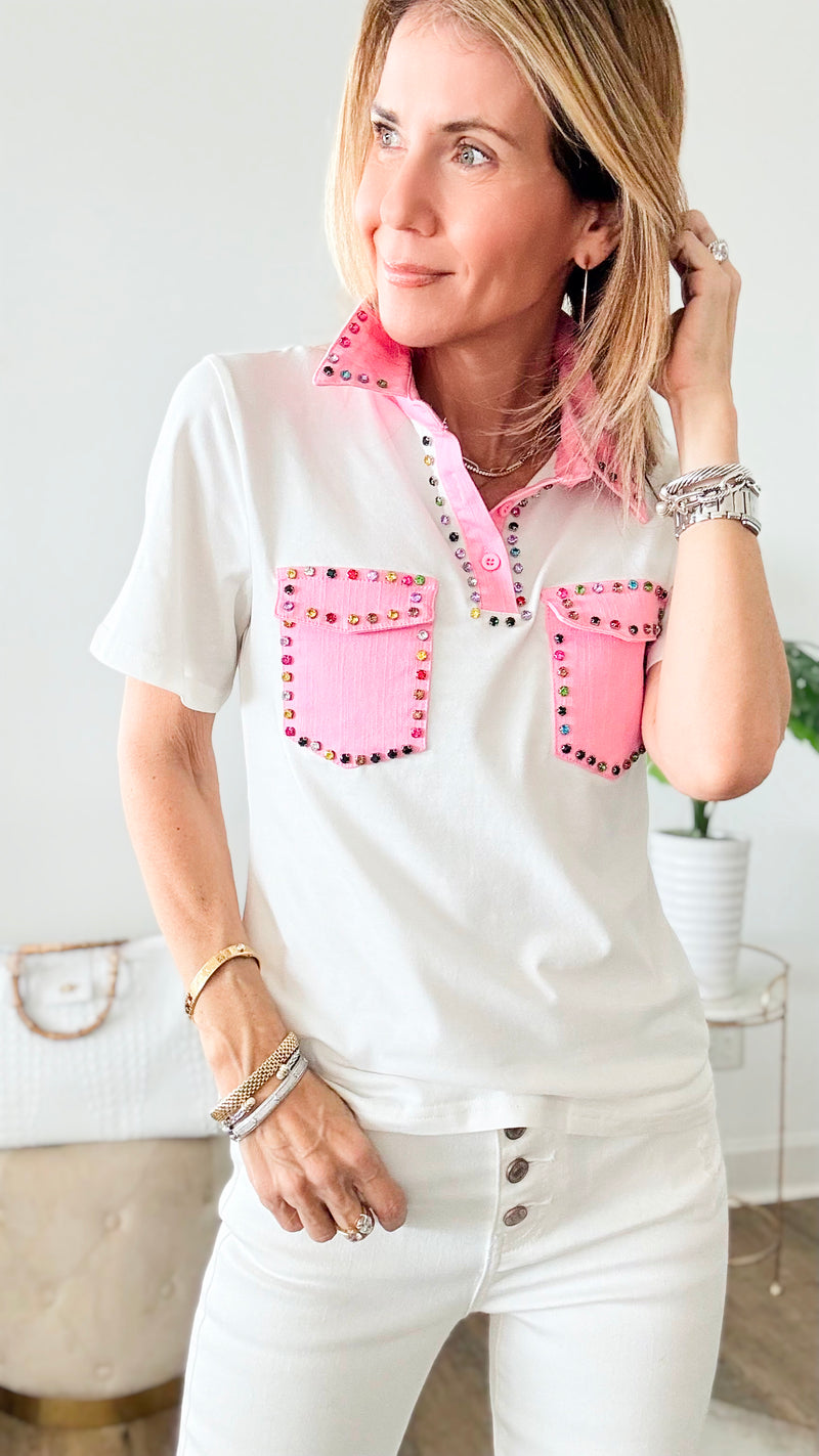 Colorful Rhinestone Short Sleeve T-Shirt-110 Short Sleeve Tops-pastel design-Coastal Bloom Boutique, find the trendiest versions of the popular styles and looks Located in Indialantic, FL