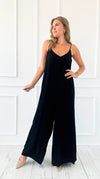 Italian V-Neck Jumpsuit - Black-200 dresses/jumpsuits/rompers-V6-Coastal Bloom Boutique, find the trendiest versions of the popular styles and looks Located in Indialantic, FL