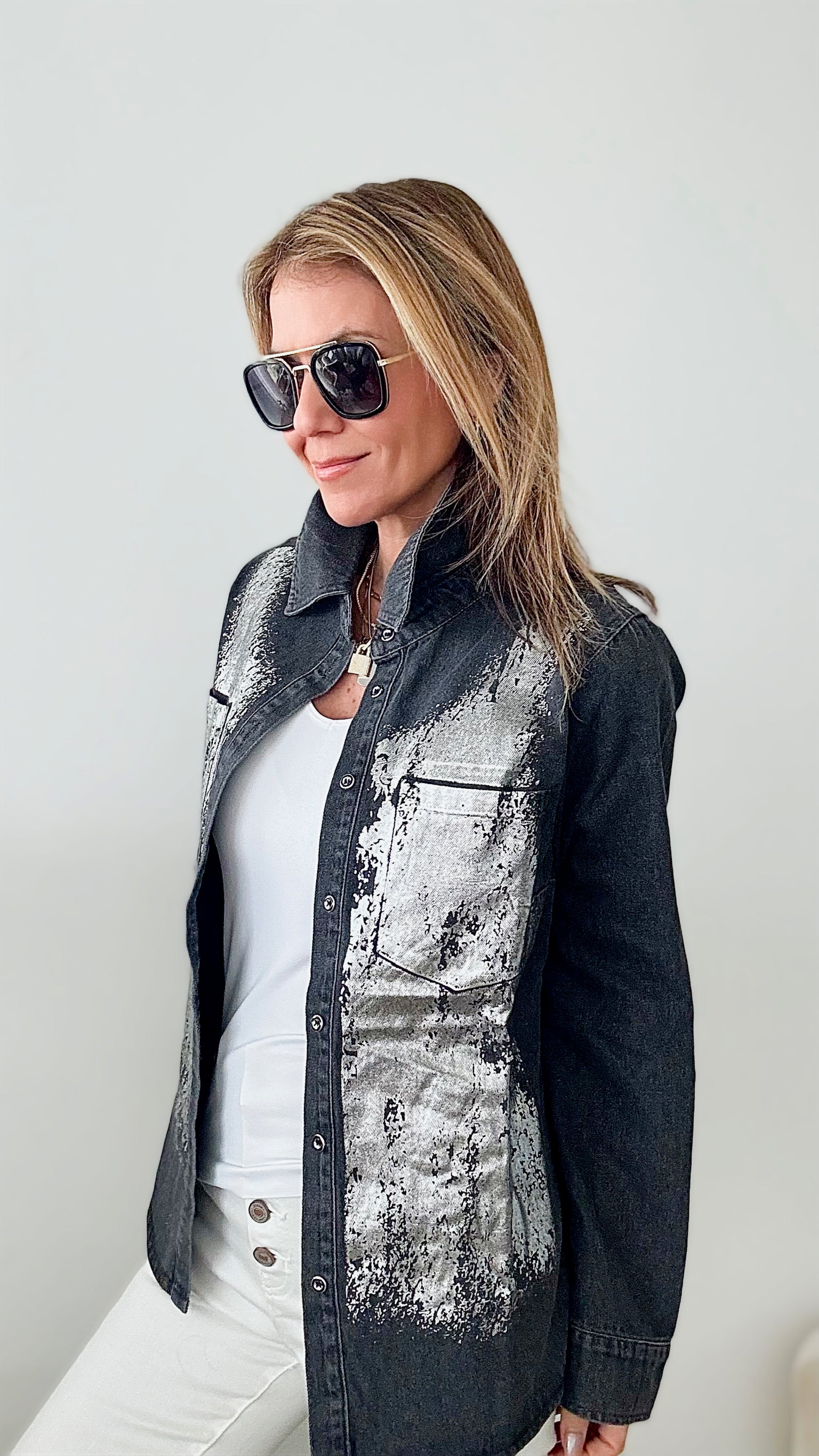 Metallic Button Down - Black/Silver-130 Long Sleeve Tops-JJ's Fairyland-Coastal Bloom Boutique, find the trendiest versions of the popular styles and looks Located in Indialantic, FL