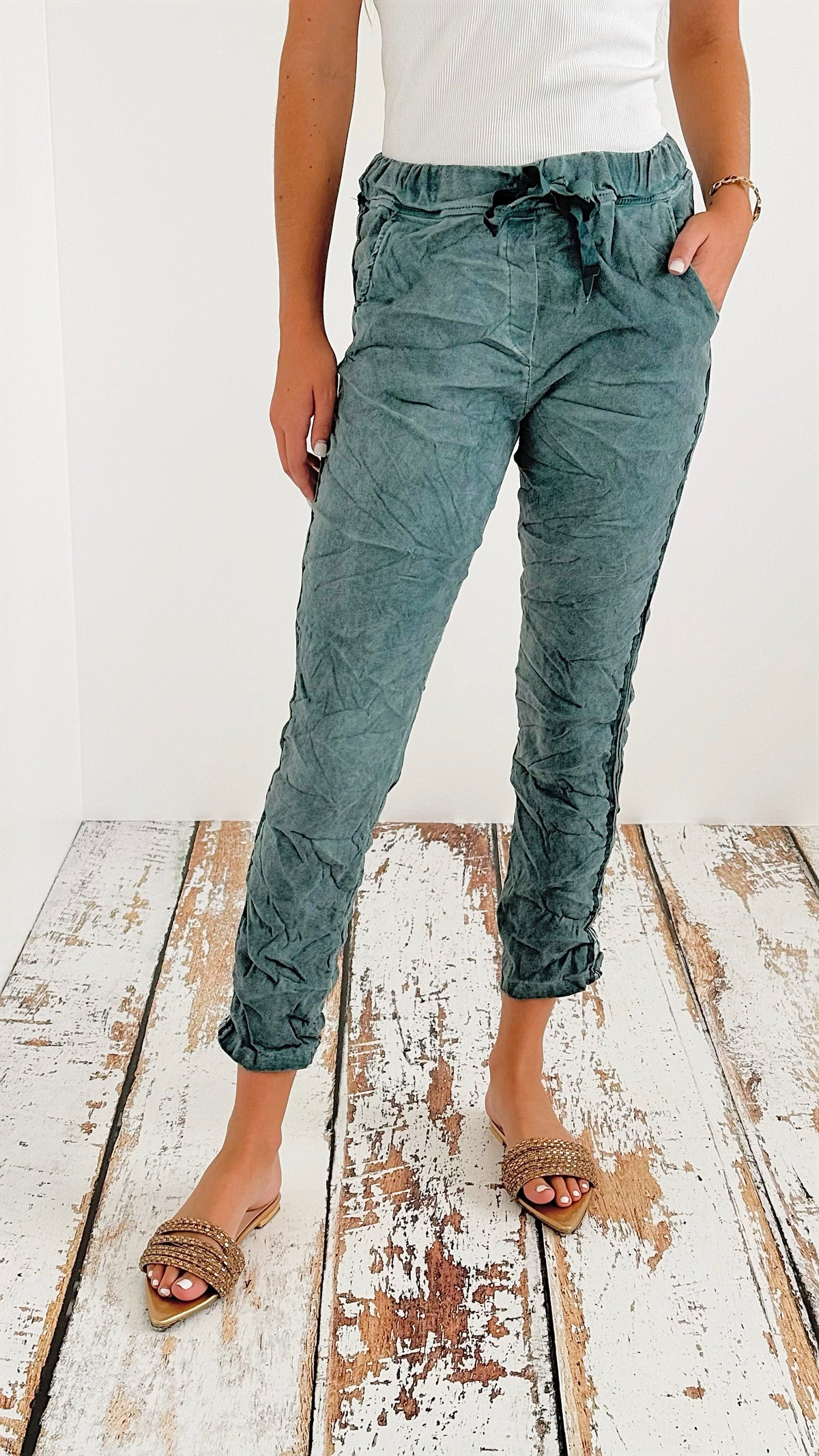 Washed Jogger Italian Pants - Emerald Green-180 Joggers-Tempo-Coastal Bloom Boutique, find the trendiest versions of the popular styles and looks Located in Indialantic, FL