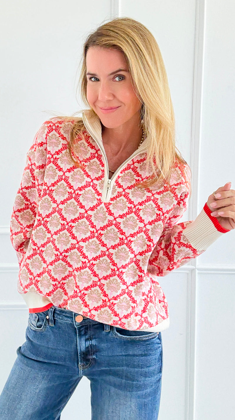 Tri-Bloom Zip Mock Sweater-Cream/Orange-140 Sweaters-&MERCI-Coastal Bloom Boutique, find the trendiest versions of the popular styles and looks Located in Indialantic, FL