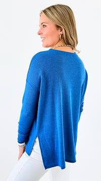 Button-Front Waffle Knit Top - Blue-110 Long Sleeve Tops-Zenana-Coastal Bloom Boutique, find the trendiest versions of the popular styles and looks Located in Indialantic, FL