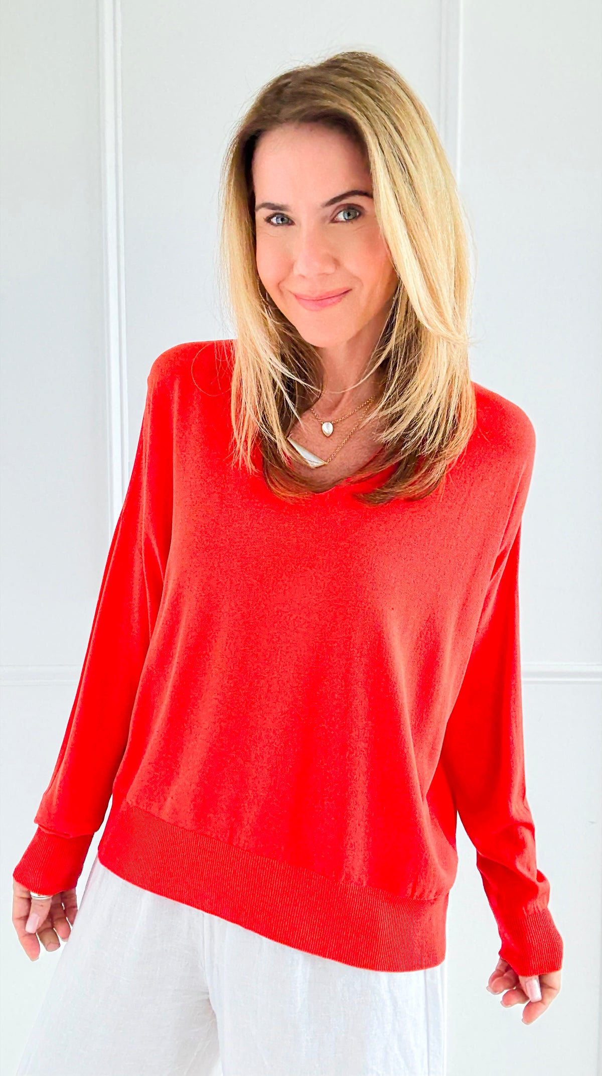 Elegant V-Neck Italian Pullover- Orange-110 Long Sleeve Tops-PROFITER-Coastal Bloom Boutique, find the trendiest versions of the popular styles and looks Located in Indialantic, FL