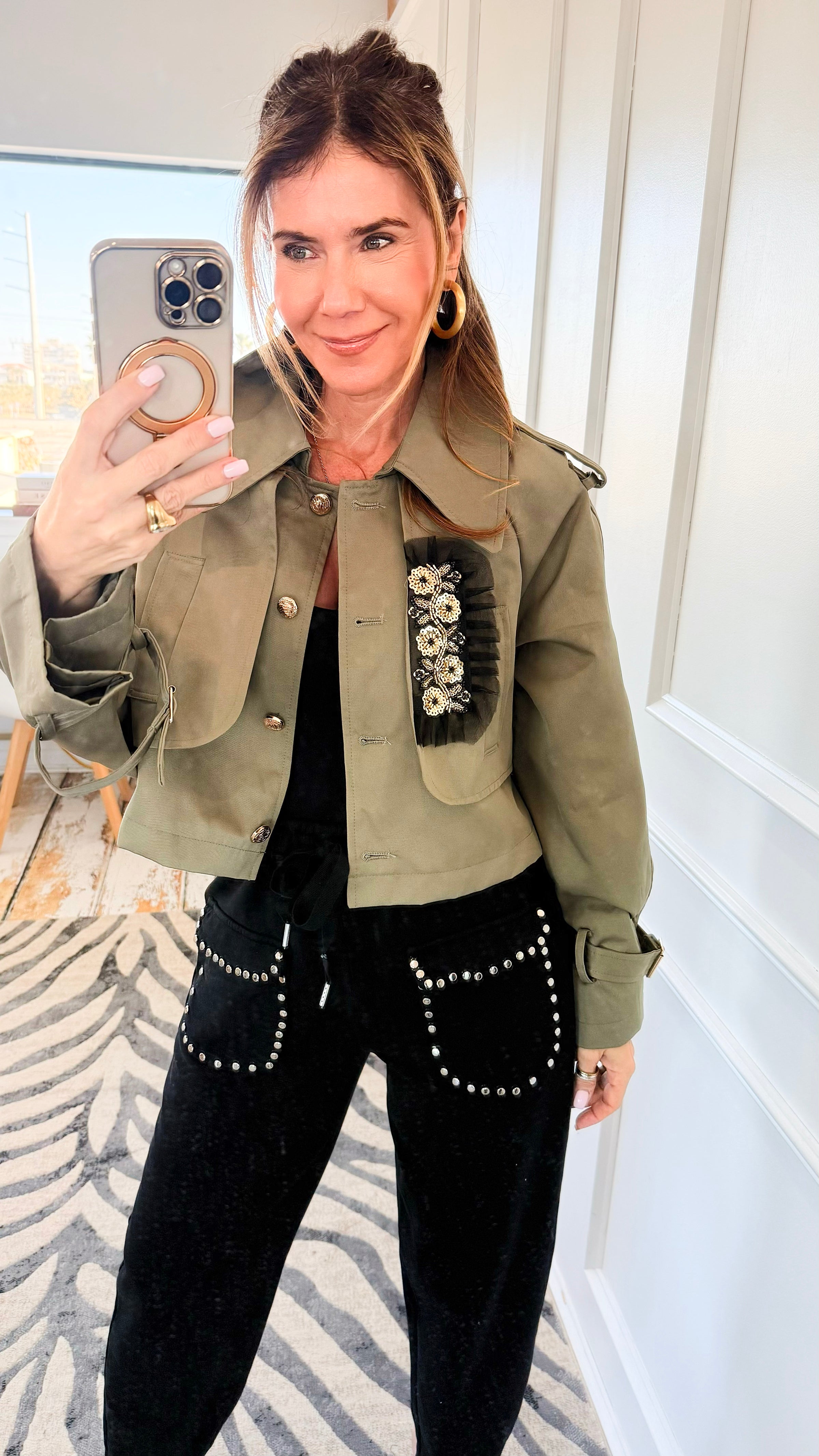 The Gilded Bloom Cropped Jacket- Olive