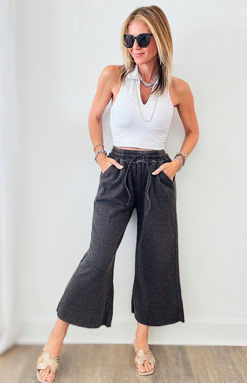 Acid Wash Fleece Palazzo Sweat Pants - Ash Black-170 Bottoms-Zenana-Coastal Bloom Boutique, find the trendiest versions of the popular styles and looks Located in Indialantic, FL