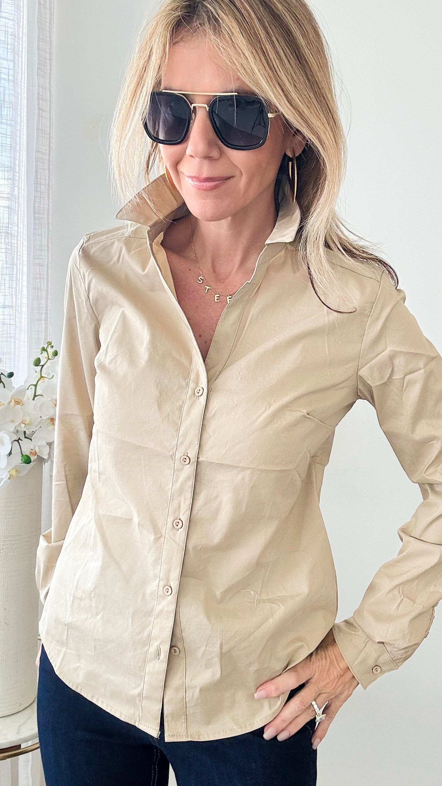 Classic Button Down Top - Khaki-130 Long Sleeve Tops-Love Tree Fashion-Coastal Bloom Boutique, find the trendiest versions of the popular styles and looks Located in Indialantic, FL