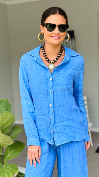 Tuscany Linen Italian Button Top- Periwinkle