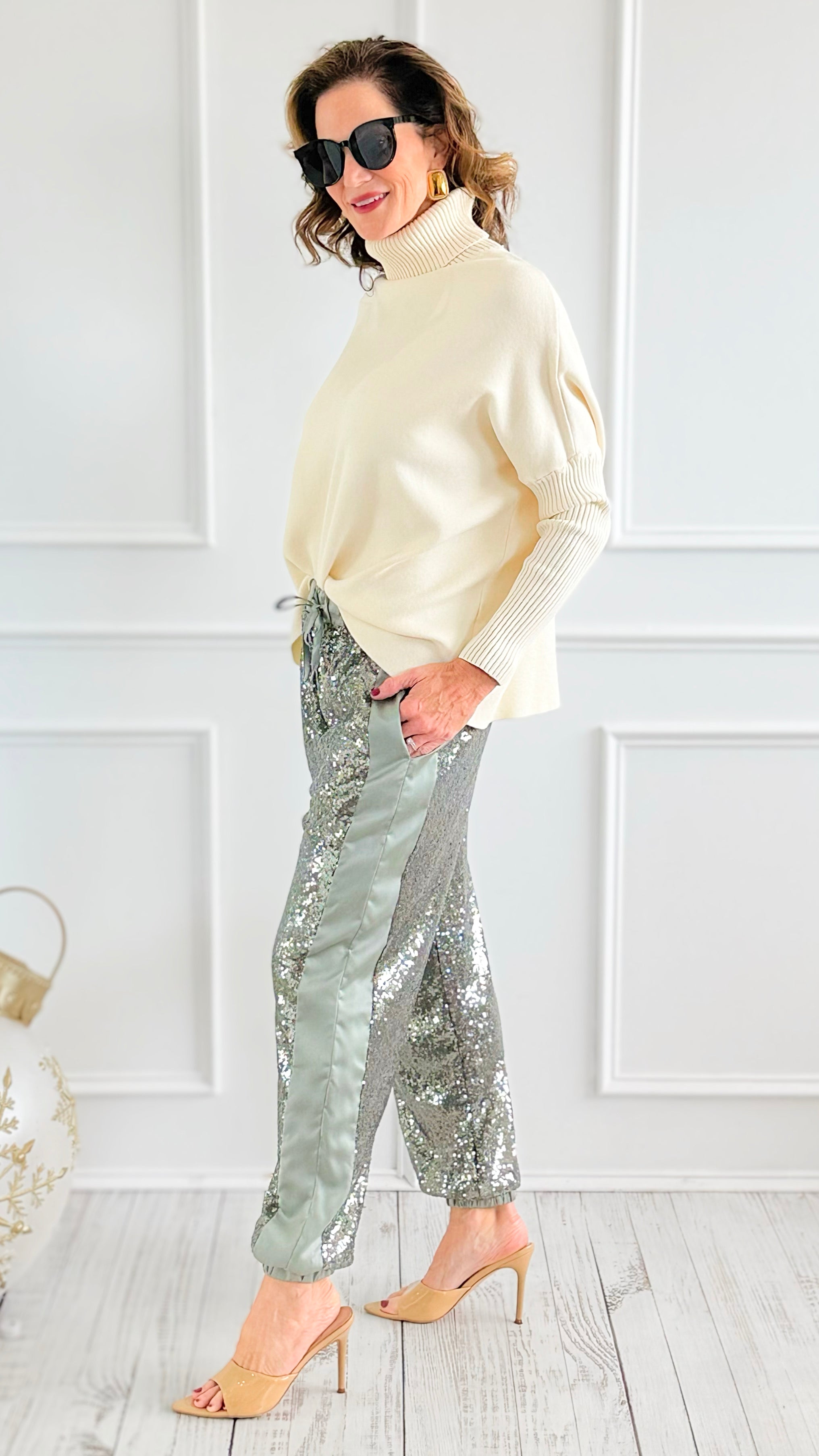 Stardust Sequin Pants - Sage-100 Pants-Rousseau-Coastal Bloom Boutique, find the trendiest versions of the popular styles and looks Located in Indialantic, FL