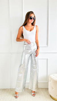 Metallic Foil Wide Leg Pants - Silver-170 Bottoms-Vibrant M.i.U-Coastal Bloom Boutique, find the trendiest versions of the popular styles and looks Located in Indialantic, FL