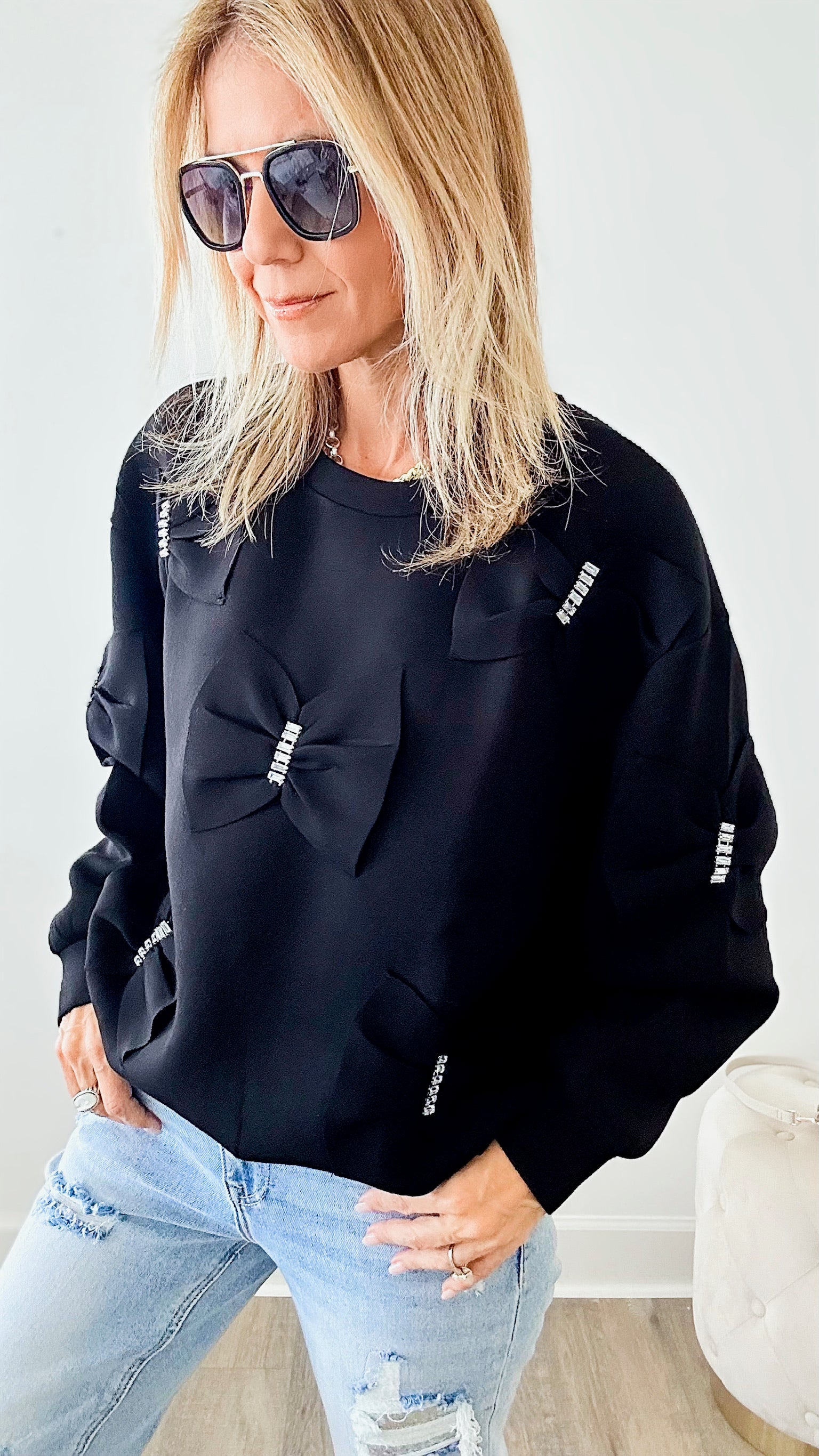 Fiora French Scuba Ribbon-Bow Sweatshirt - Black-130 Long Sleeve Tops-Joh Apparel-Coastal Bloom Boutique, find the trendiest versions of the popular styles and looks Located in Indialantic, FL