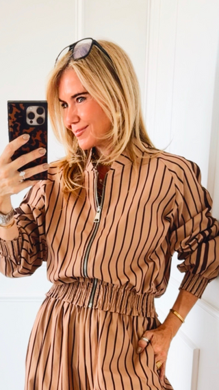 Tailored Italian Stripe Zip Bomber Jacket - Camel