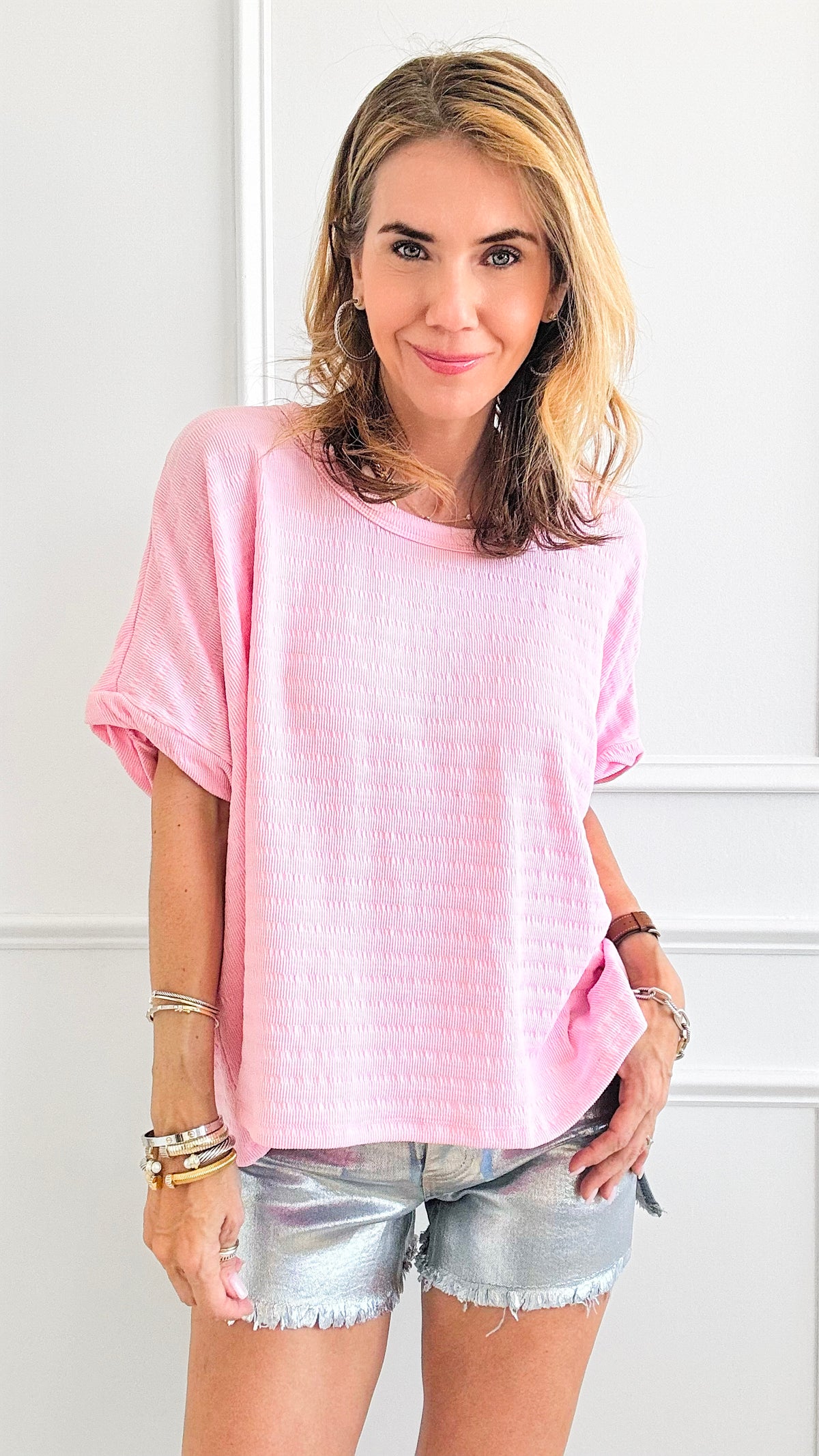 Textured Loose Fit Top - Pink-110 Short Sleeve Tops-EESOME-Coastal Bloom Boutique, find the trendiest versions of the popular styles and looks Located in Indialantic, FL