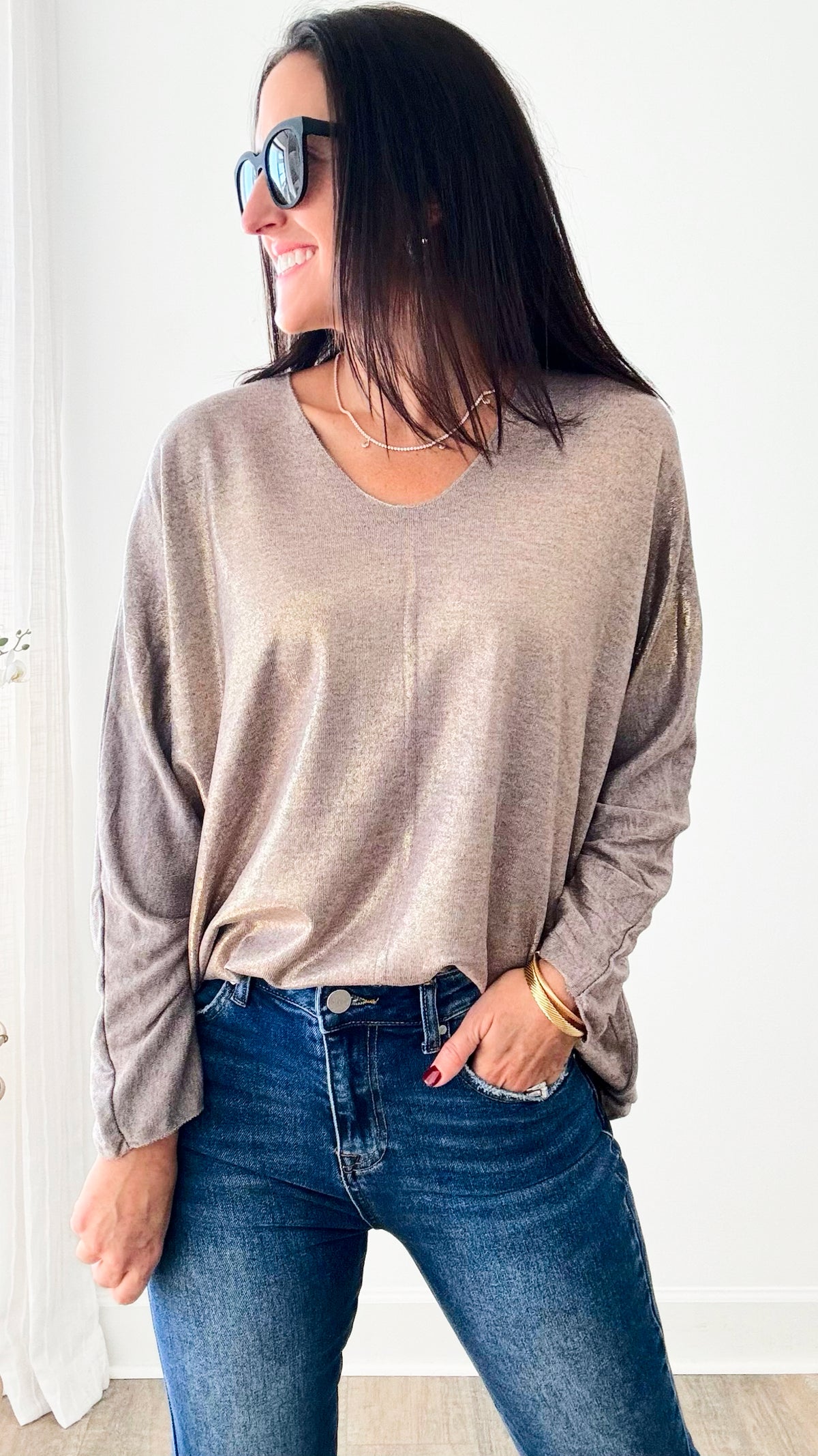 Gold Shine - Light Italian Pullover - Dark Taupe-140 Sweaters-Germany-Coastal Bloom Boutique, find the trendiest versions of the popular styles and looks Located in Indialantic, FL