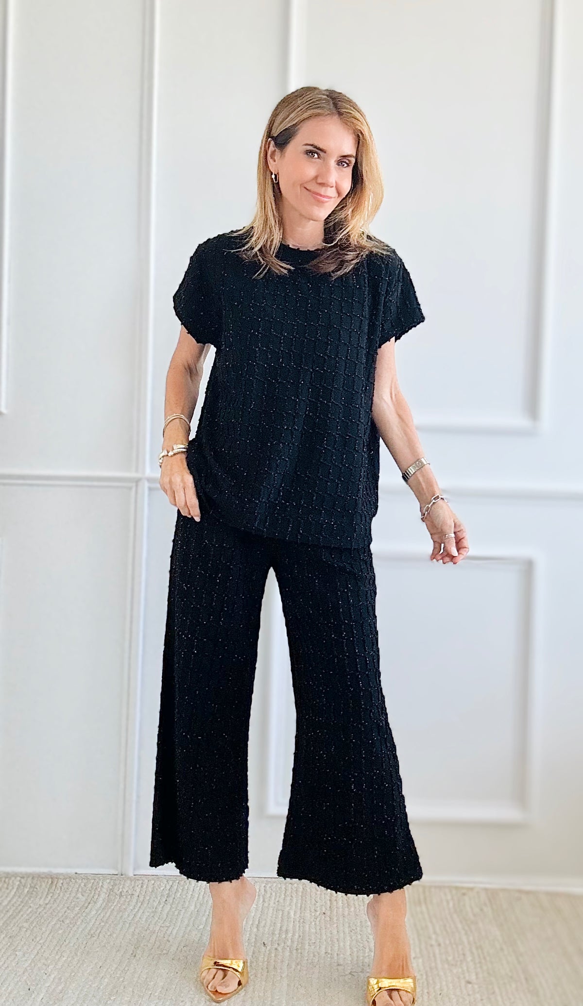 Glitter Textured Cropped Set - Black-210 Loungewear/sets-See and Be Seen-Coastal Bloom Boutique, find the trendiest versions of the popular styles and looks Located in Indialantic, FL