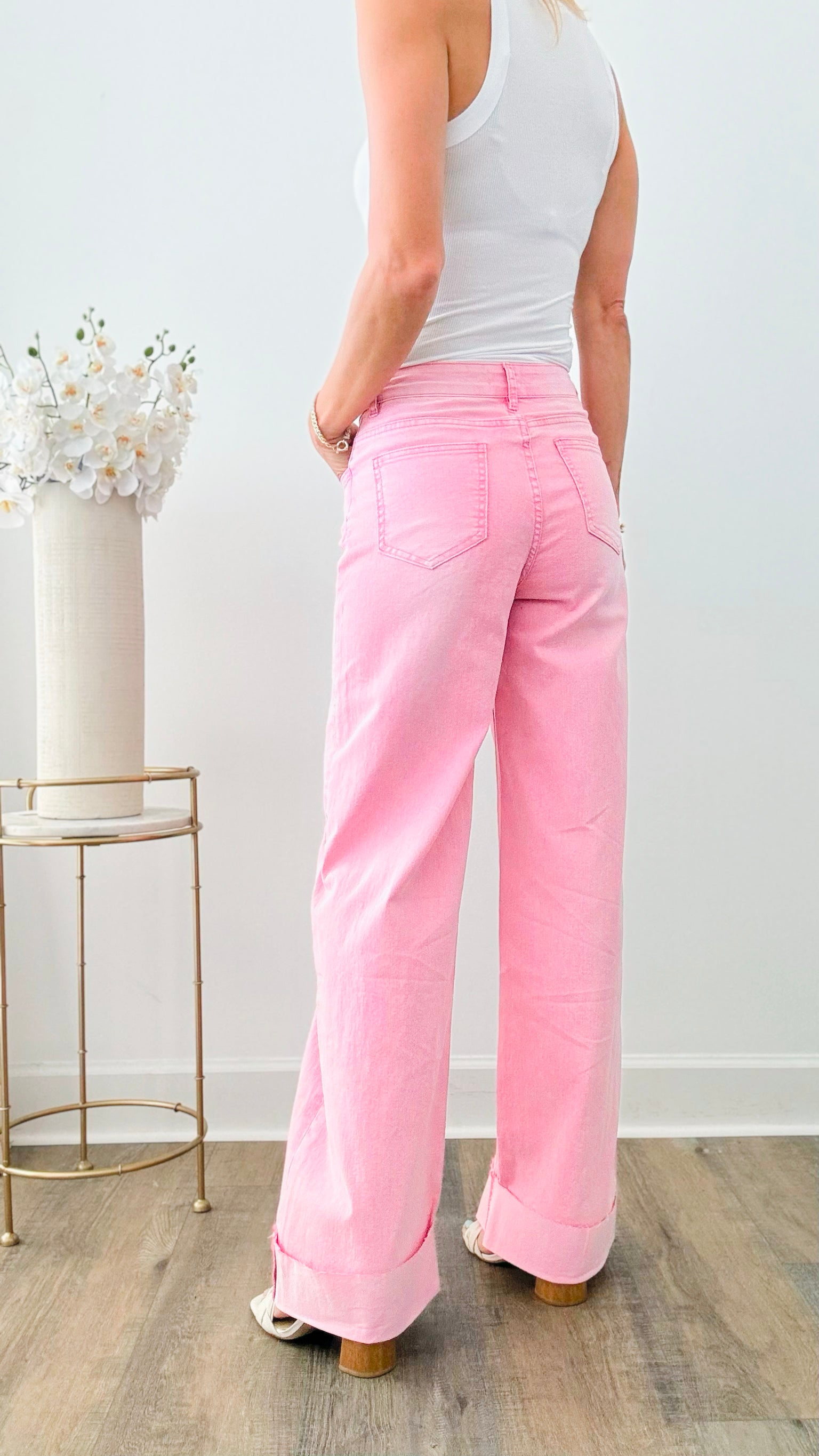 90S Stretch Cuffed Hem High Rise Straight Jeans - Hot Rose-170 Bottoms-Anniewear-Coastal Bloom Boutique, find the trendiest versions of the popular styles and looks Located in Indialantic, FL