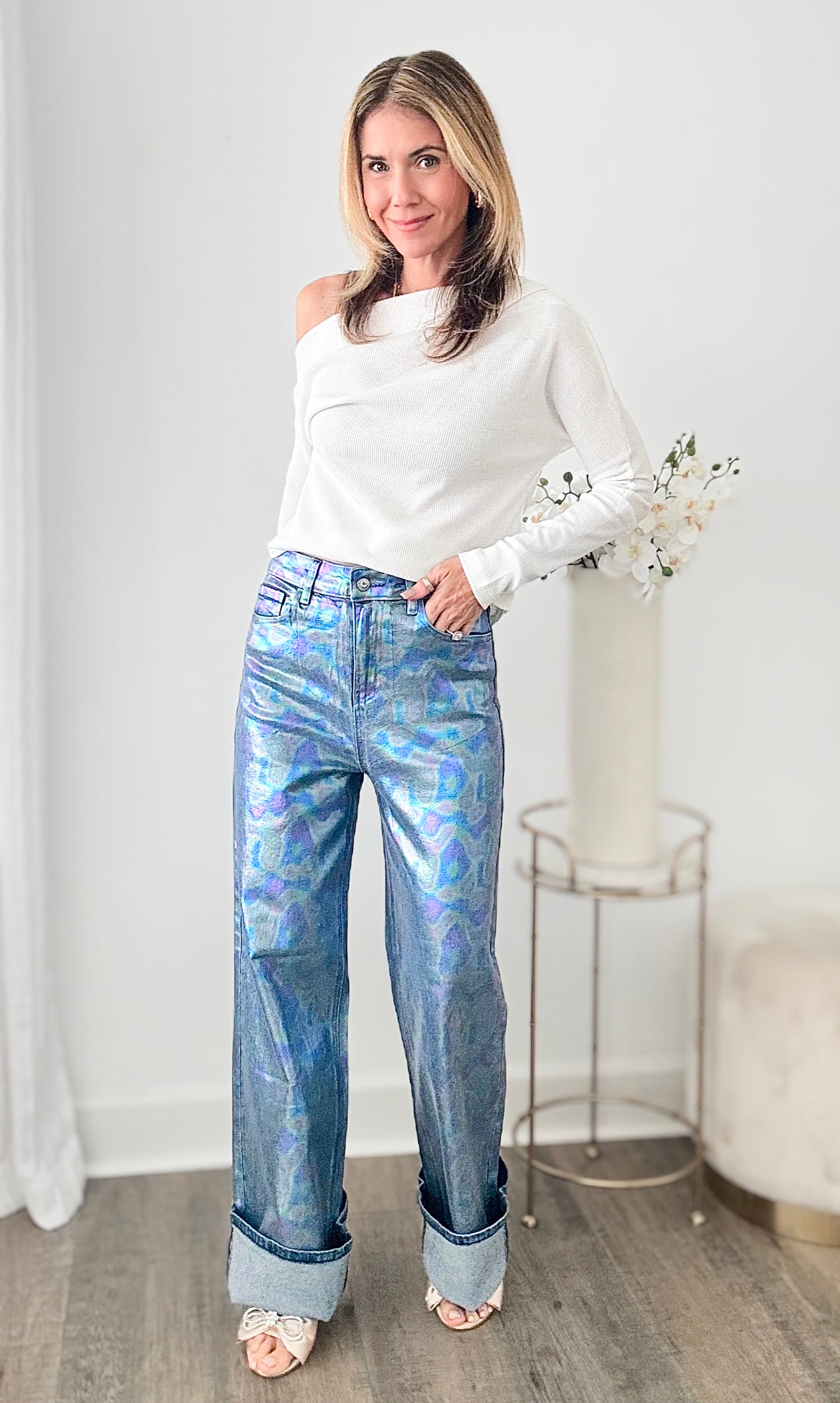 Electric Oil Spill Wide Leg Jeans - Dark Stone-170 Bottoms-Vibrant M.i.U-Coastal Bloom Boutique, find the trendiest versions of the popular styles and looks Located in Indialantic, FL