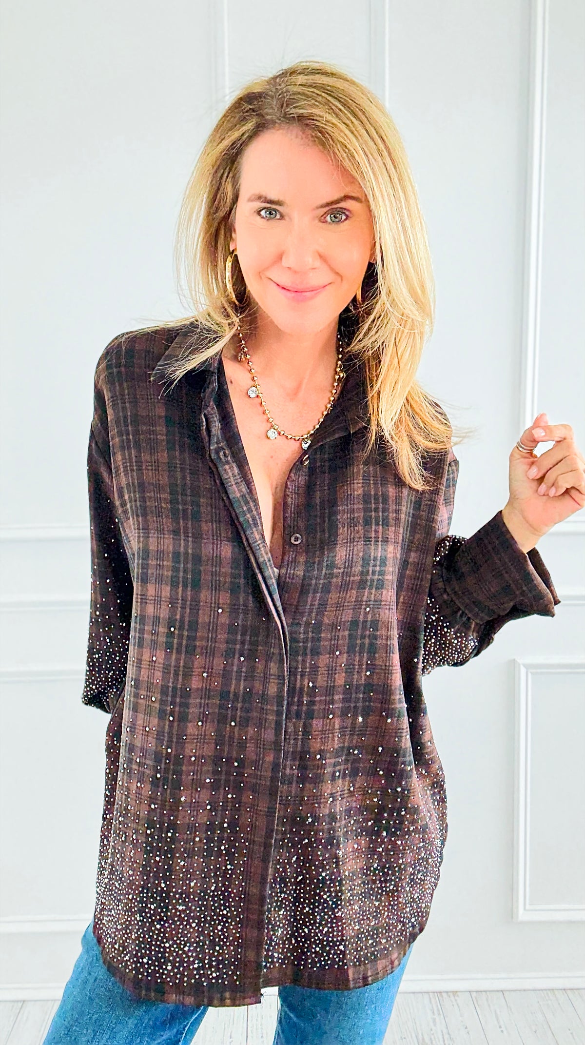 Plaid & Shine Italian Blouse-110 Long Sleeve Tops-TATTOO Z-Coastal Bloom Boutique, find the trendiest versions of the popular styles and looks Located in Indialantic, FL