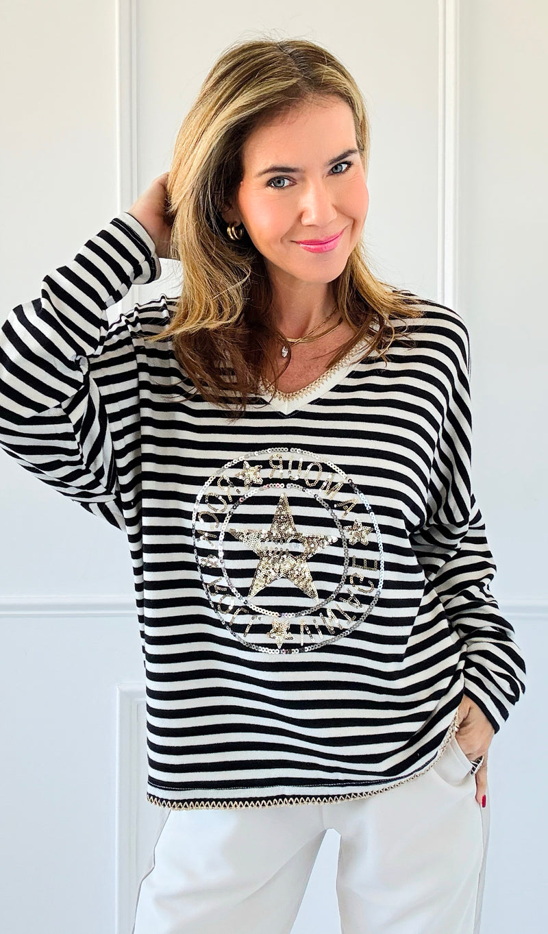 Parisian Stripe V-Neck Top-110 Long Sleeve Tops-VENTI6 OUTLET-Coastal Bloom Boutique, find the trendiest versions of the popular styles and looks Located in Indialantic, FL