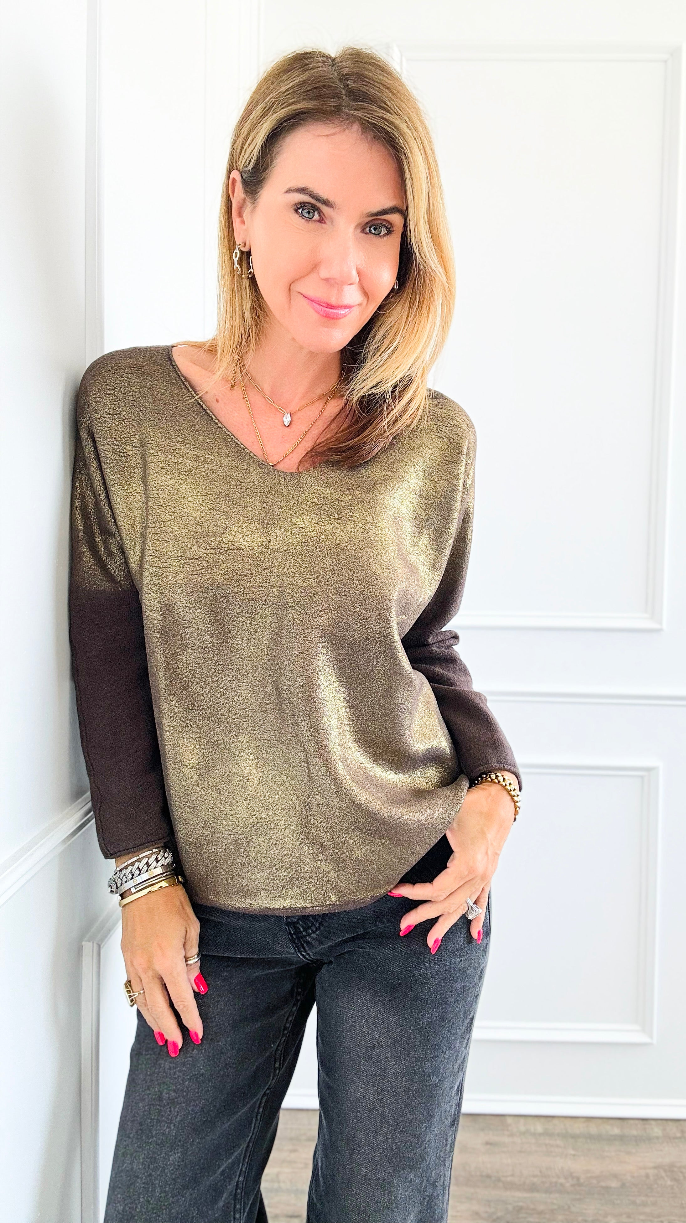 Gold Shine V-Neck Italian Pullover- Brown-140 Sweaters-Italianissimo-Coastal Bloom Boutique, find the trendiest versions of the popular styles and looks Located in Indialantic, FL