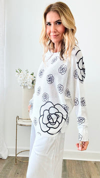 Classic Noir Petals Italian St Tropez Sweater - White-140 Sweaters-Italianissimo-Coastal Bloom Boutique, find the trendiest versions of the popular styles and looks Located in Indialantic, FL